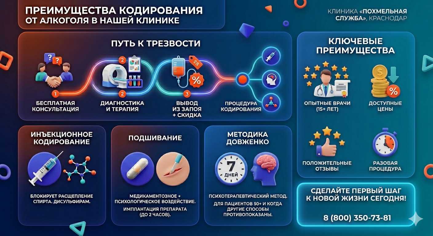 Инфографика о методах кодирования от алкоголя в Запорожье: инъекции, подшивание, метод Довженко. Преимущества клиники и этапы лечения.